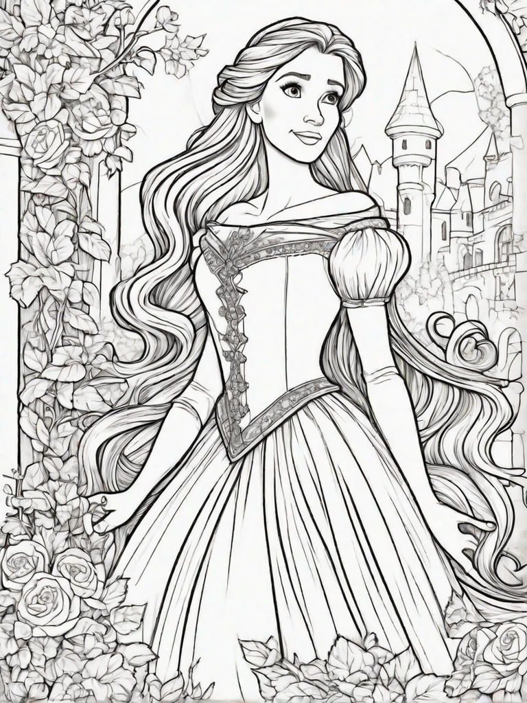 Grayscale disney rapunzel portrait with long blonde hair