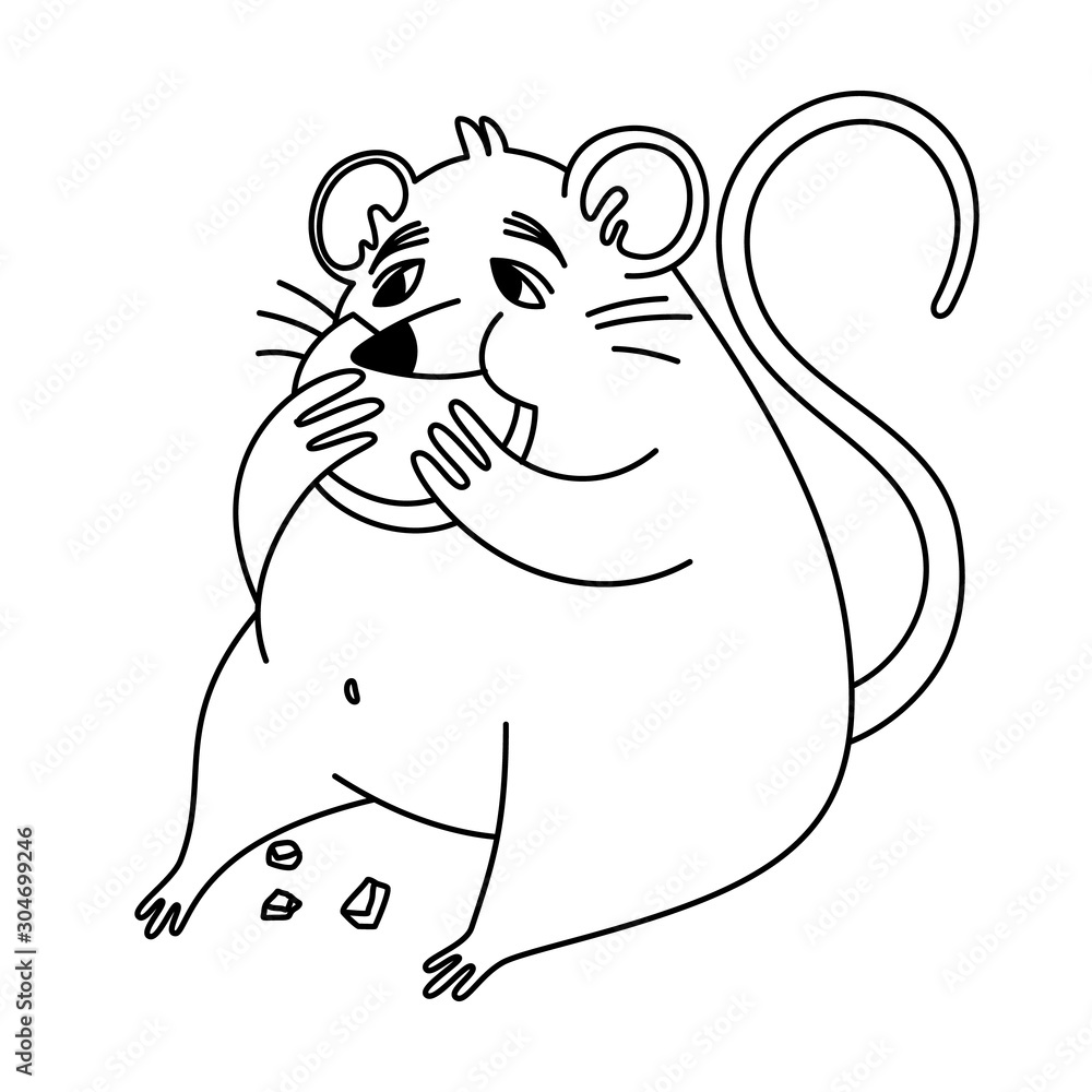Coloring pages doodle style fat rat eat cheese vector illustration vector