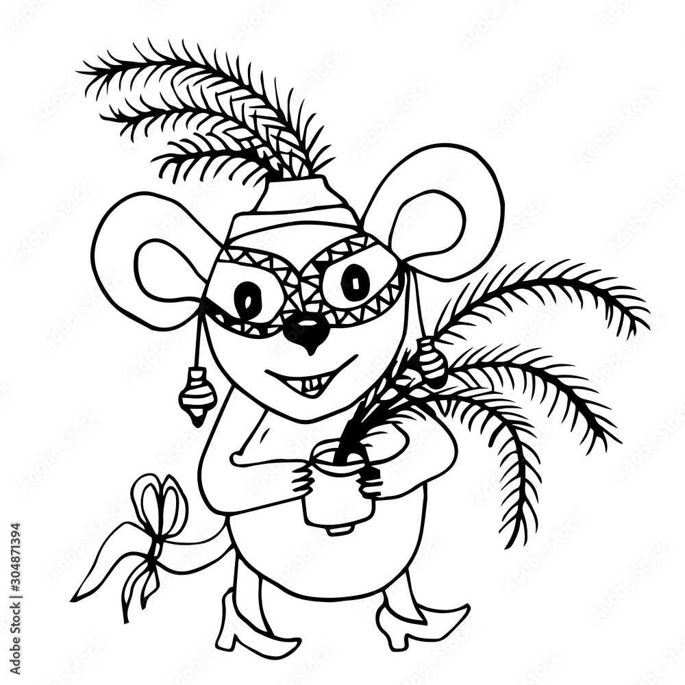 Cute cartoon rat wearing carnival mask holding a pot with new year tree branches isolated on white funny vector illustration for coloring book and for winter decor symbol of year