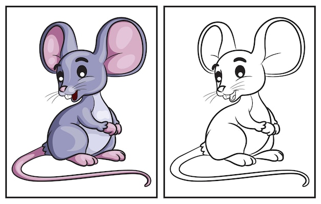Premium vector coloring book cute mouse coloring page and colorful clipart character vector cartoon illustration