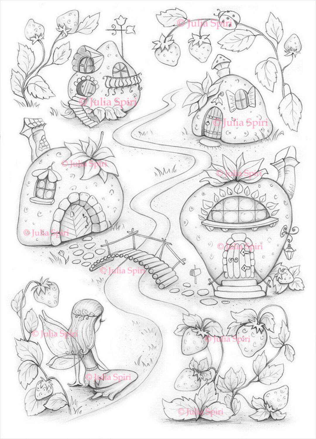 Strawberries coloring pages digital stamp digi house home fairy village wild strawberry crafting craft strawberry houses valley