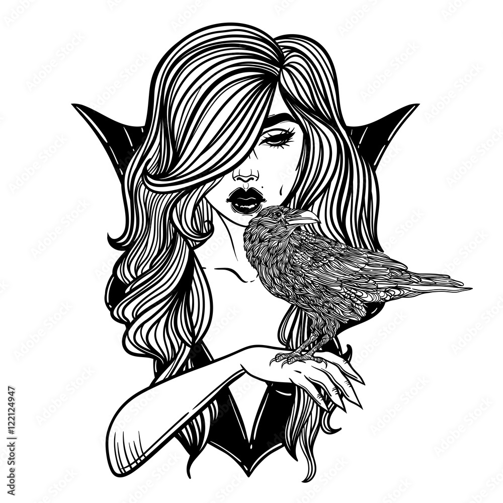 Vampire girl with hand raven line art hand drawn vector illustration black line on white background