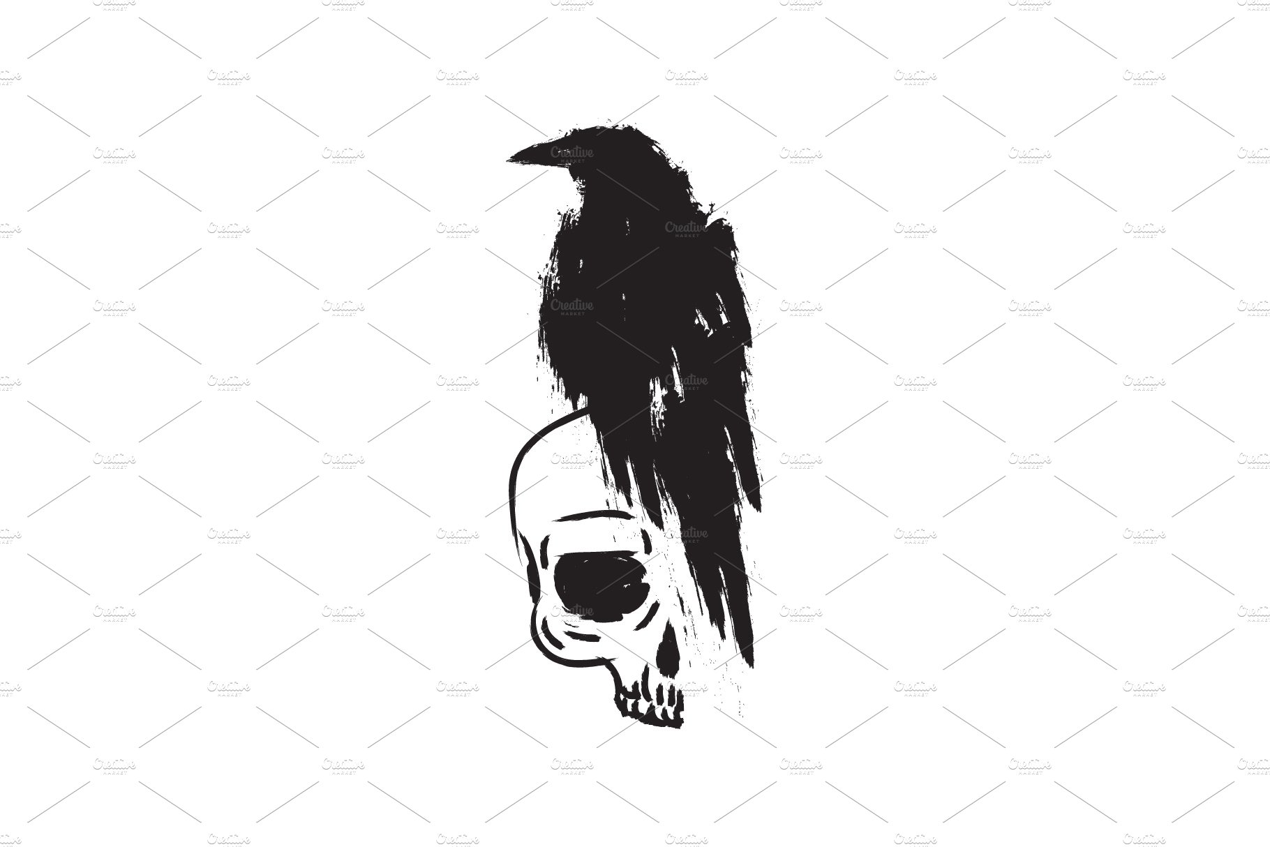Black raven crow on skull â