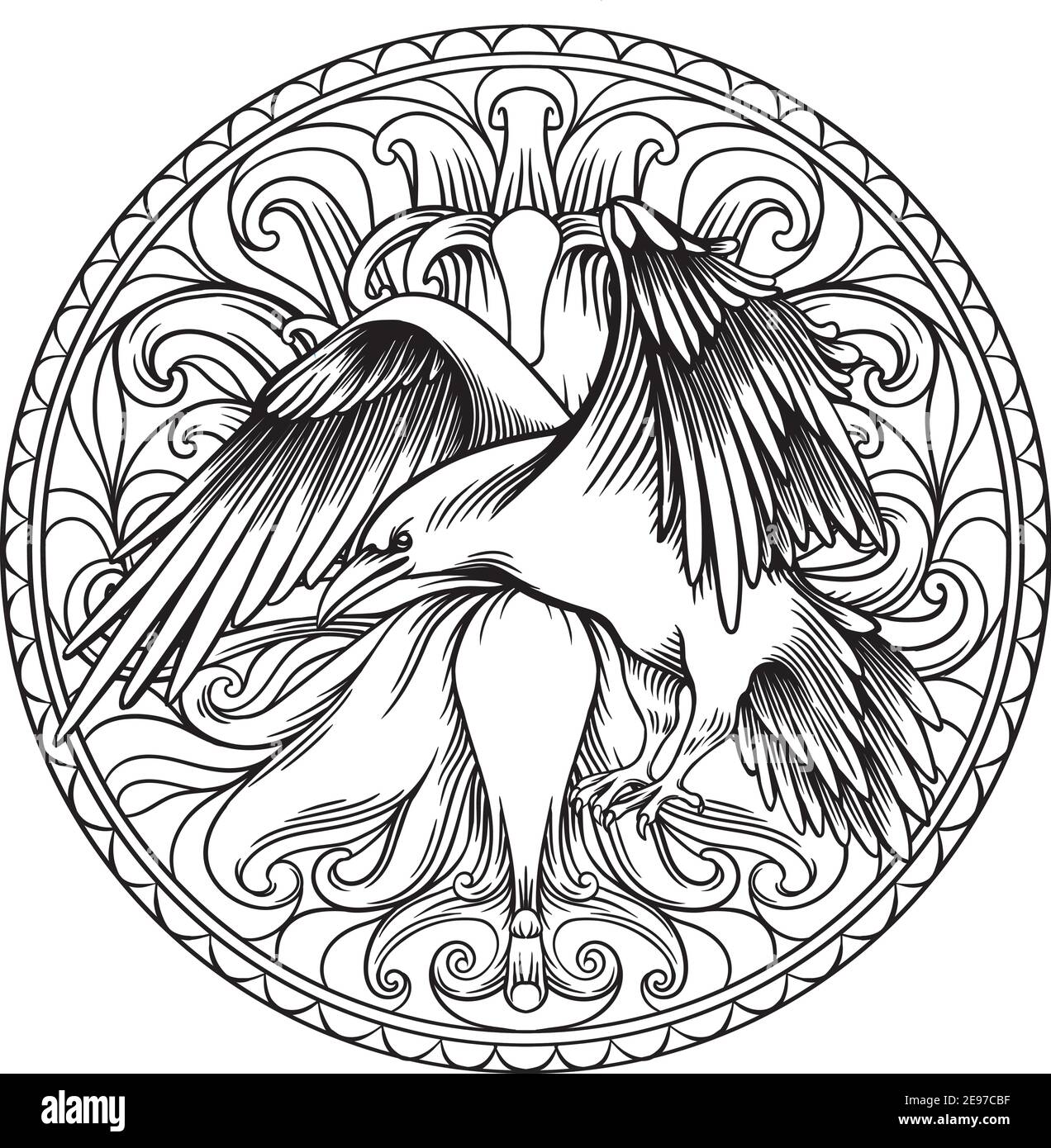 Raven coloring book for adults linear drawing in a circle stock vector image art