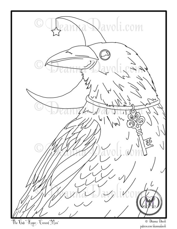 Raven coloring page crow art printable coloring page animal coloring page black bird jpg adult coloring page