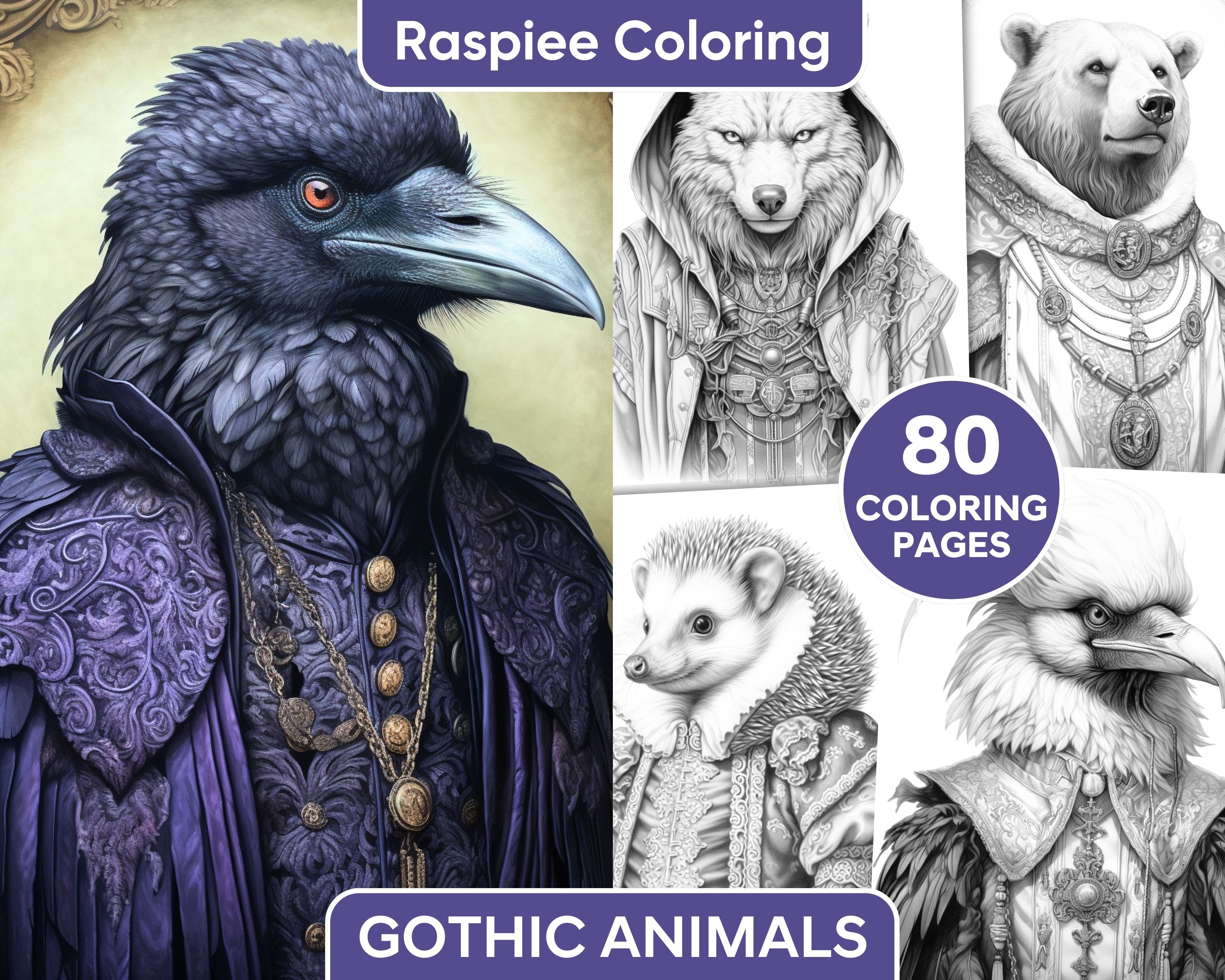 Gothic animals grayscale adult coloring pages printable pdf instan â coloring