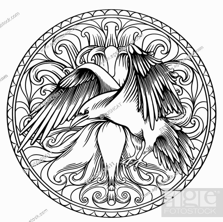 Raven coloring book for adults linear drawing in a circle stock photo picture and low budget royalty free image pic esy