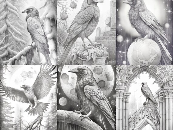 Ravens grayscale coloring pages gothic ravens coloring pages printable adult coloring pages download grayscale illustration pdf