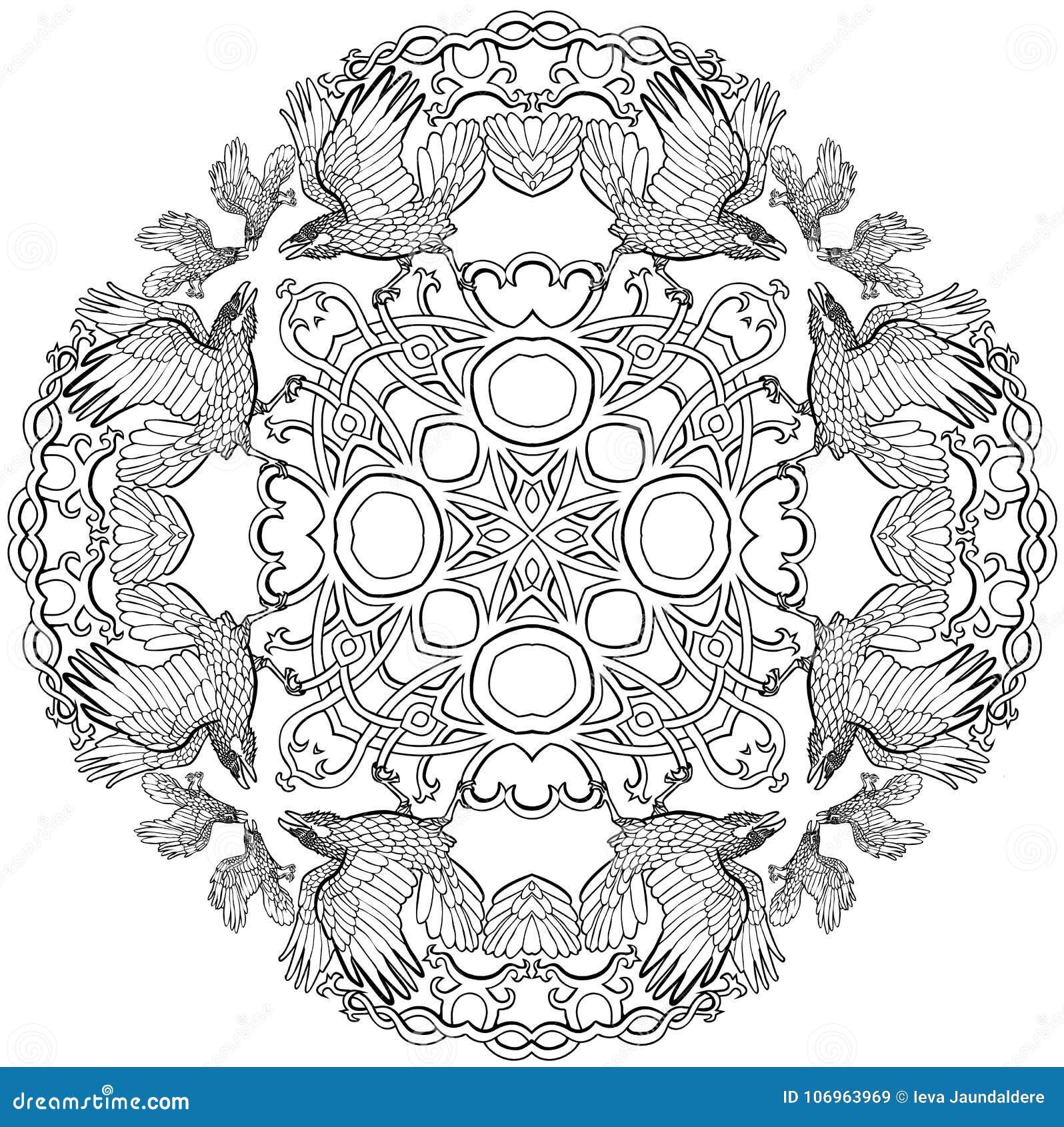 Vector illustration of celtic knot ravens viking fantasy cross ornament mandala black and white stock illustration