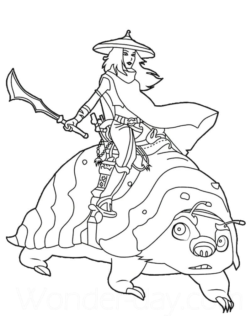 Raya and tuk tuk coloring page