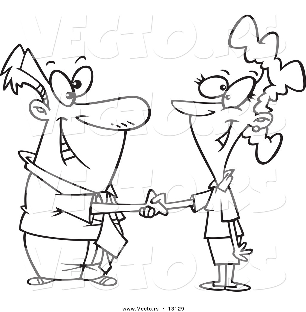 R of a happy cartoon businessman shaking hands with a woman