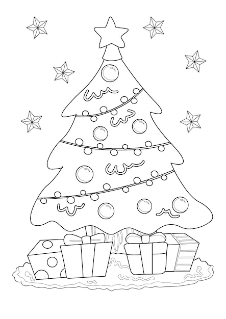 Ãrbol de navidad para colorear pãginas a para niãos y adultos vector premium