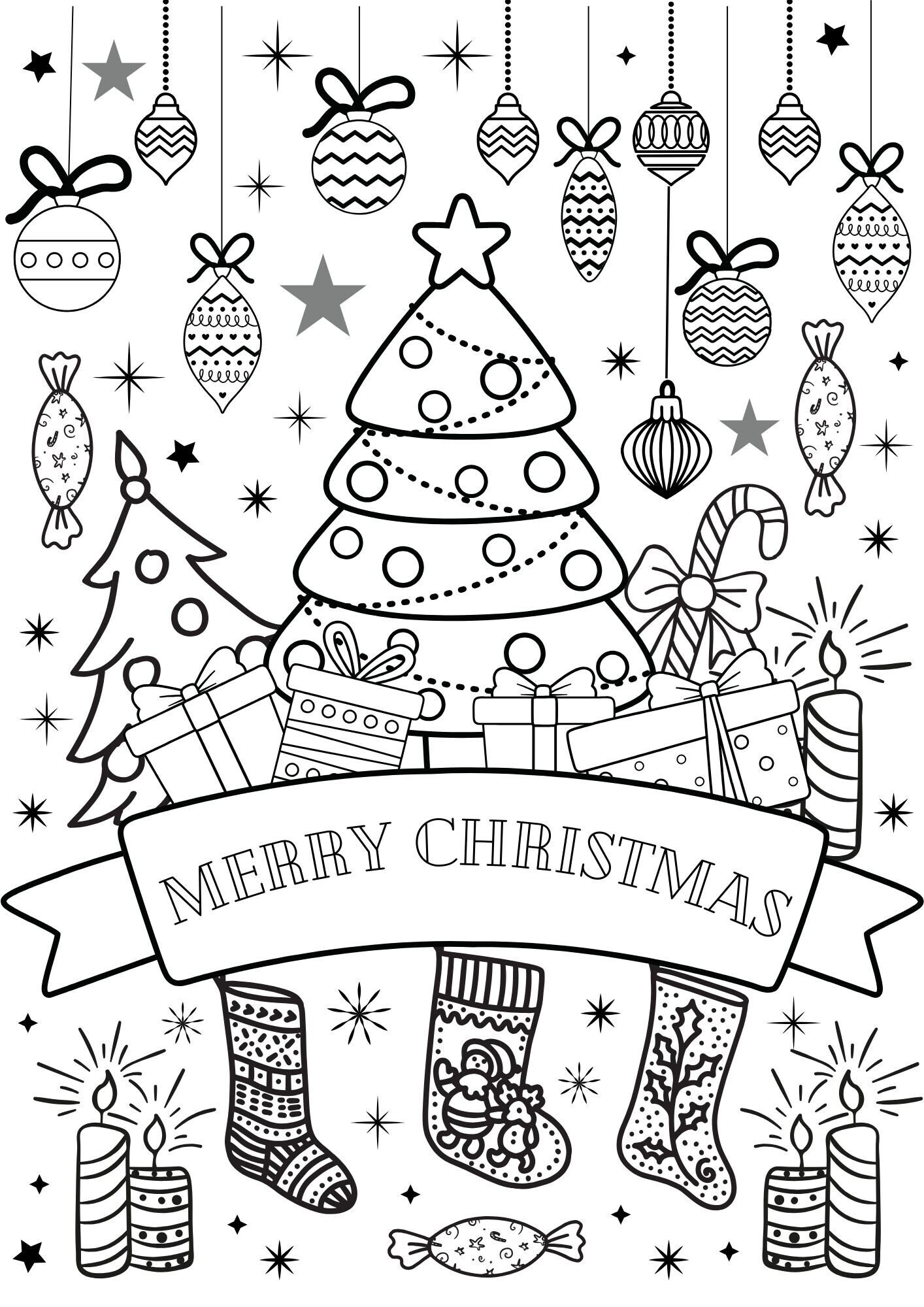 Hoja de trabajo para colorear de navidad festiva en blanco y negro ãrbol de navidad medias etc plantilla imprimible pdf jpg digital descargable y editable