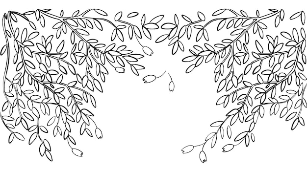 Premium vector autumn tree branches with falling leaves vector black and white hand