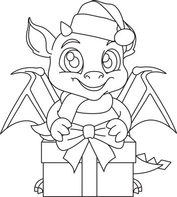 Premium vector vector illustration cartoon dragon in santa hat with gift box symbol of new years character childrens coloring book doodle and sketch