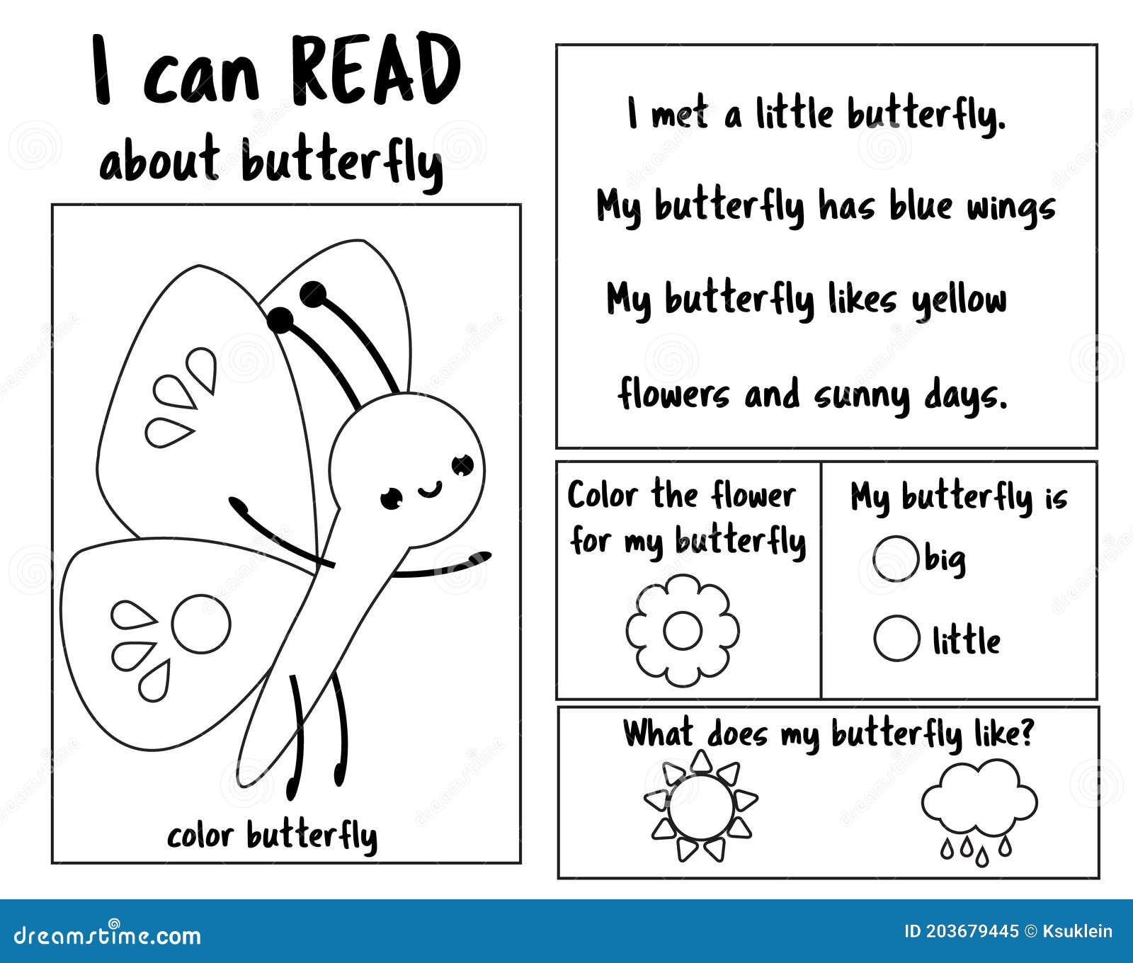 Insect theme read and color page for kids educational game for children stock vector
