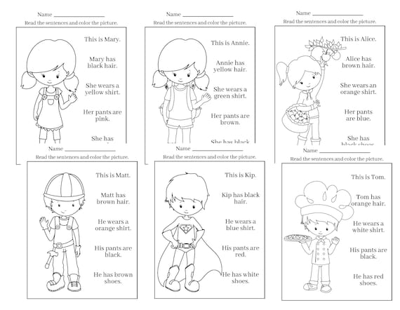 Read and color kindergarten first grade worksheets printable instant download homeschool teacher distance ela