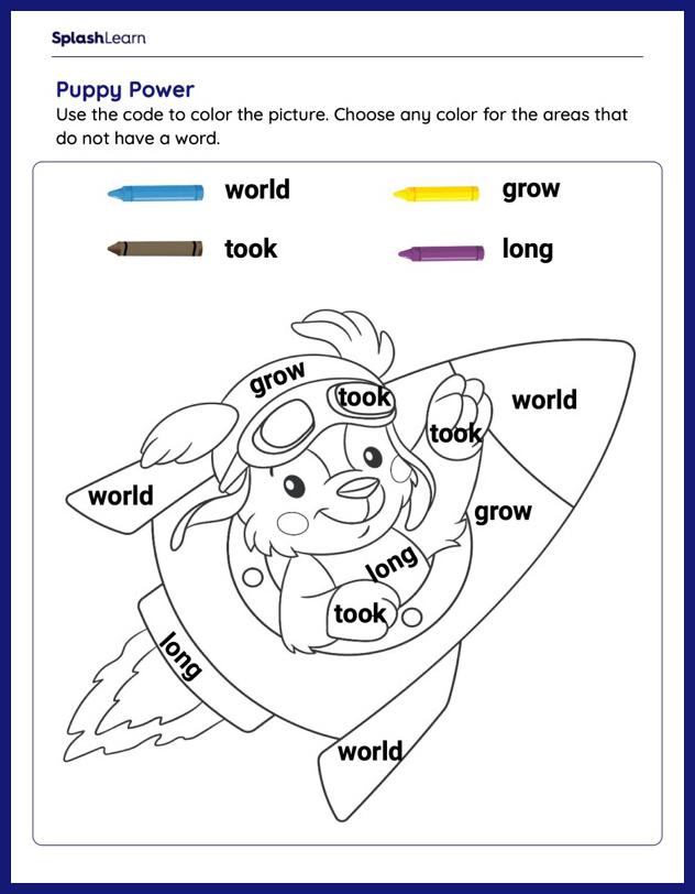 Coloring the picture with sight words â printable reading worksheet