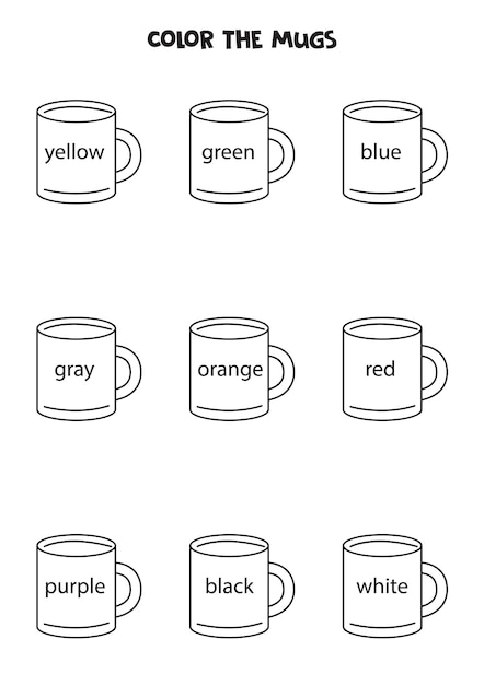 Premium vector read names of colors and color mugs educational worksheet for kids