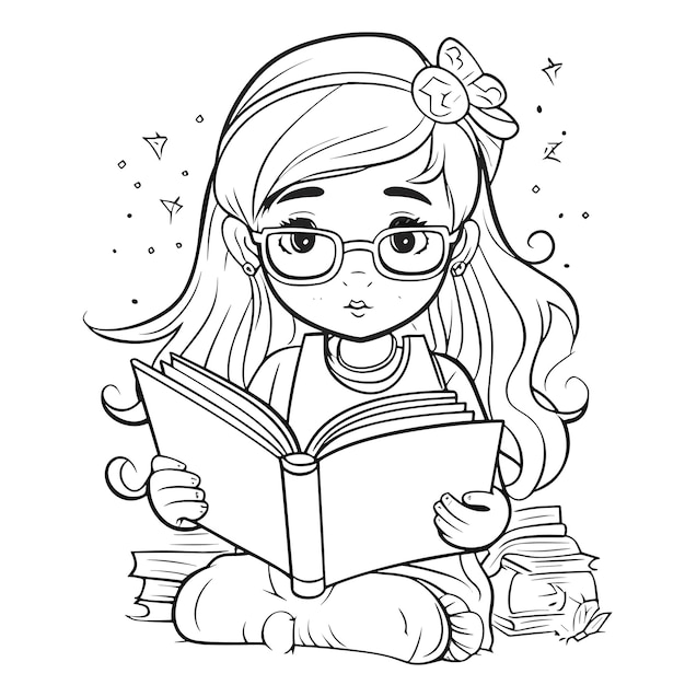 Premium vector illustartion coloring book page women read book