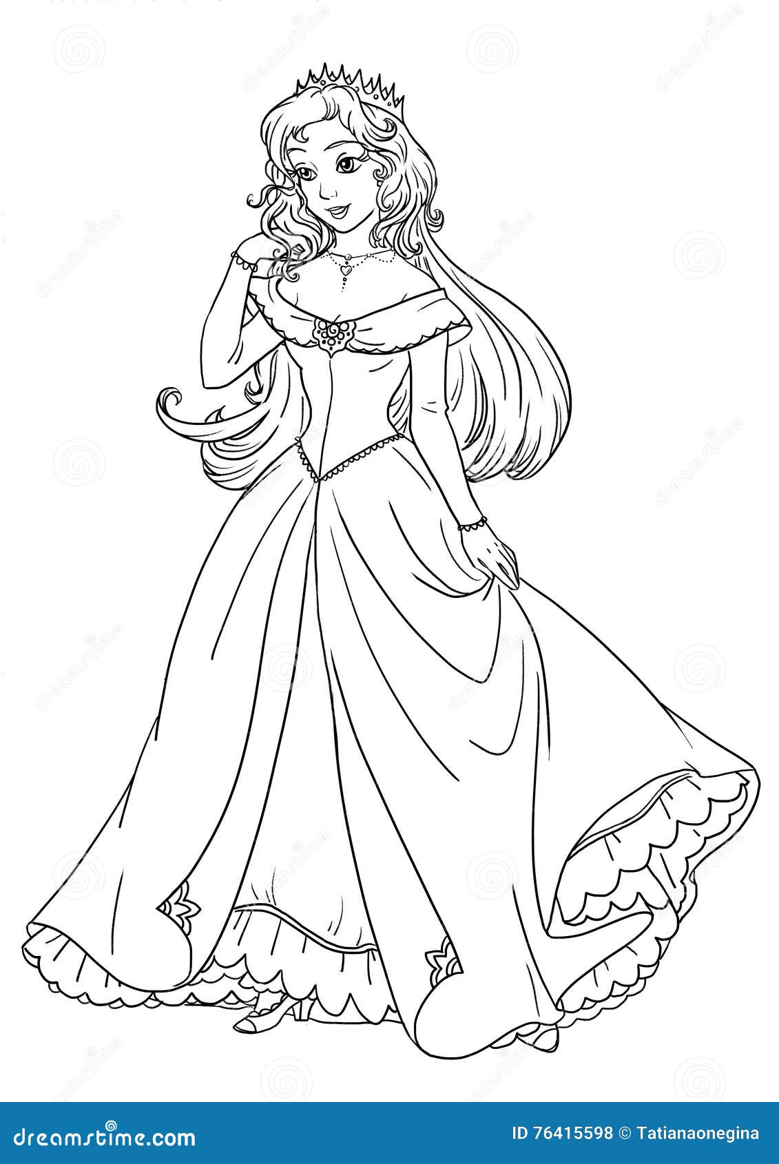 Coloring page with beautiful princess in pretty dress stock illustration