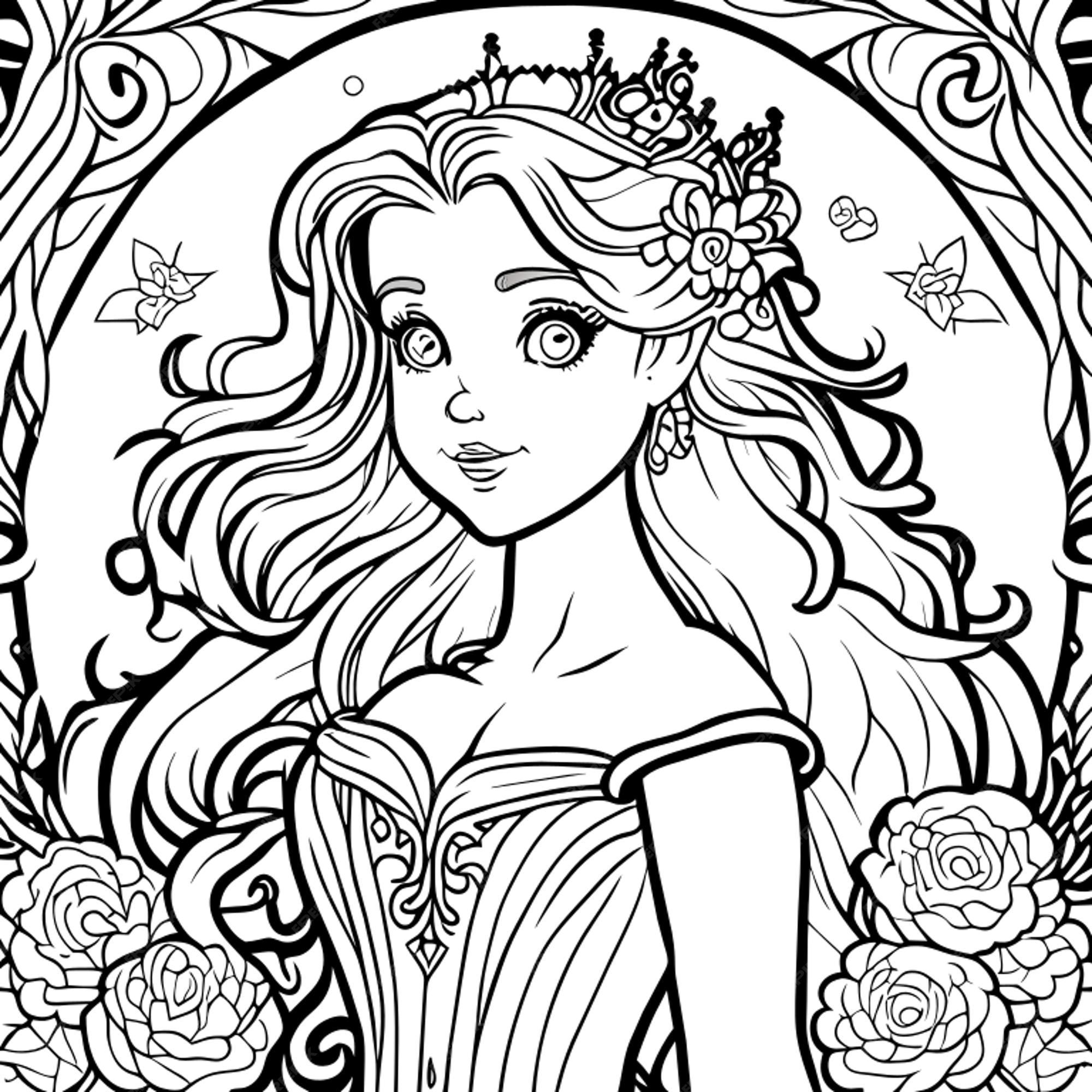 Premium vector beautiful princess coloring pages vector art white background coloring book line art