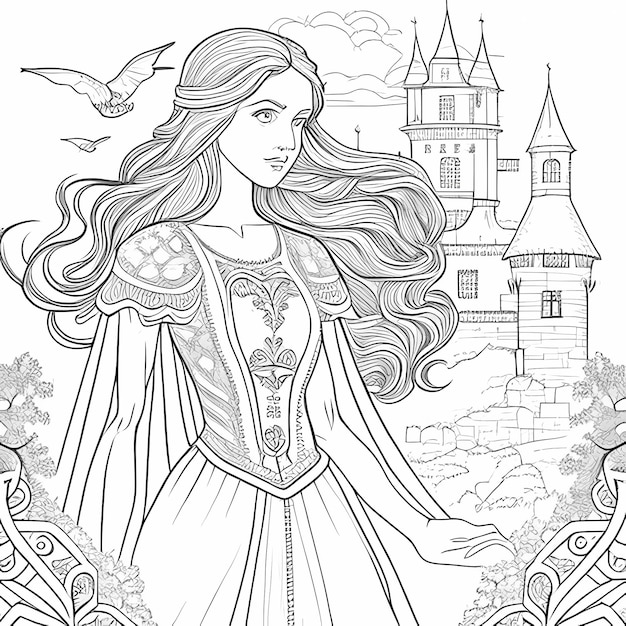 Premium ai image charming princess moments printable coloring pages with thin lines for kids to enjoy