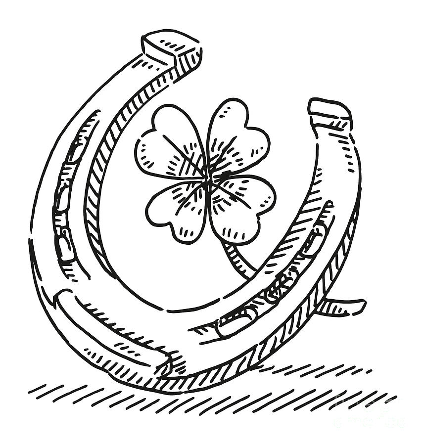 Horseshoe four leaf clover lucky charm drawing drawing by frank ramspott