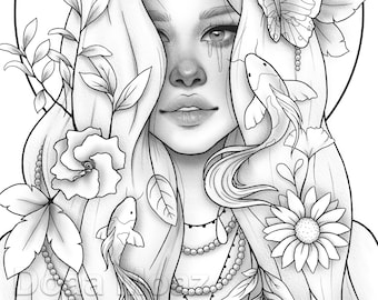 Adult coloring page fantasy girl animal portrait