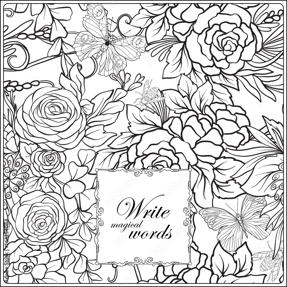 Floral pattern with butterflies and bees in realistic botanical style with place for text vector illustration outline hand drawing coloring page for adult coloring book vector
