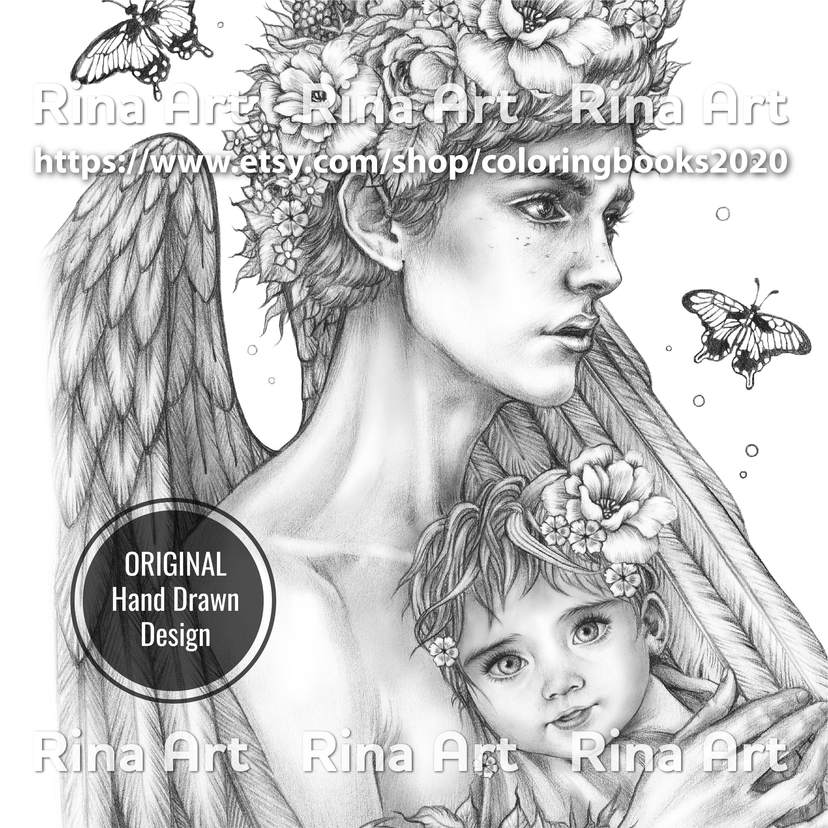 My angel coloring page printable adult colouring pages book download grayscale illustration jpg pdf