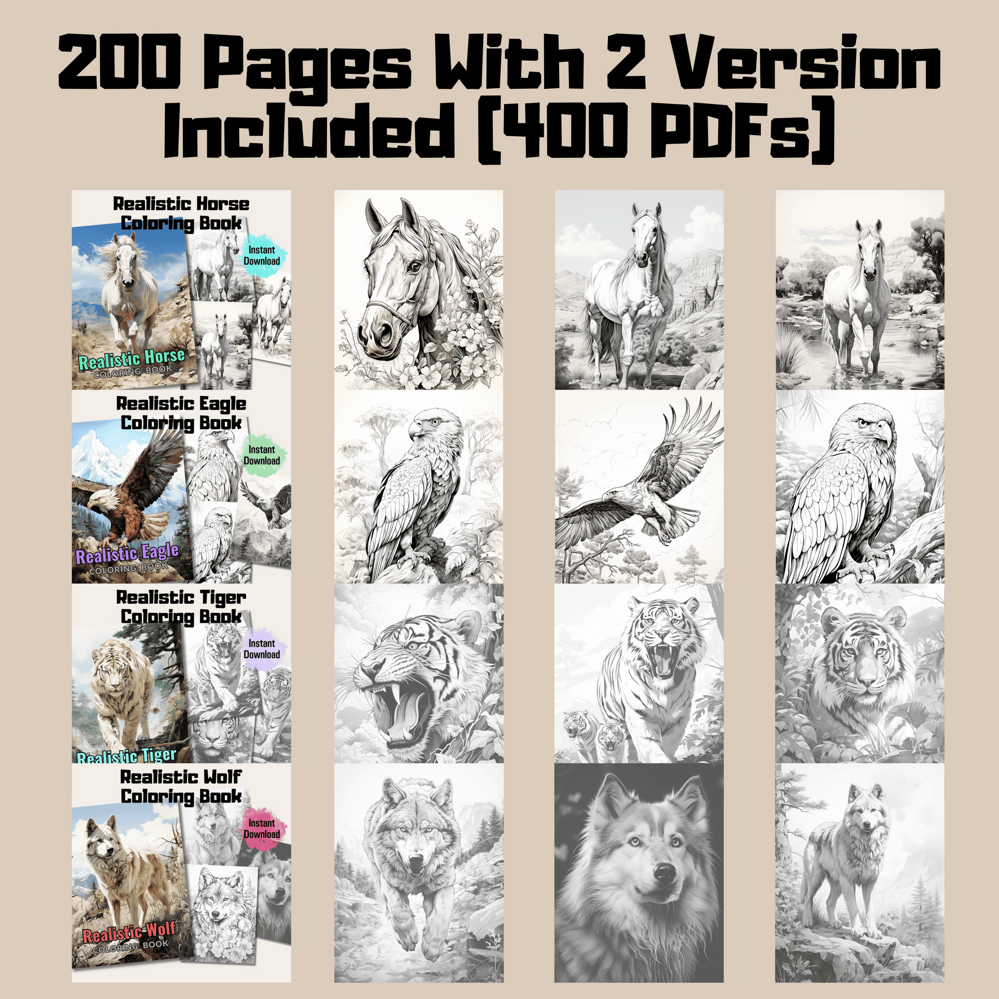 Realistic animals coloring book bundle