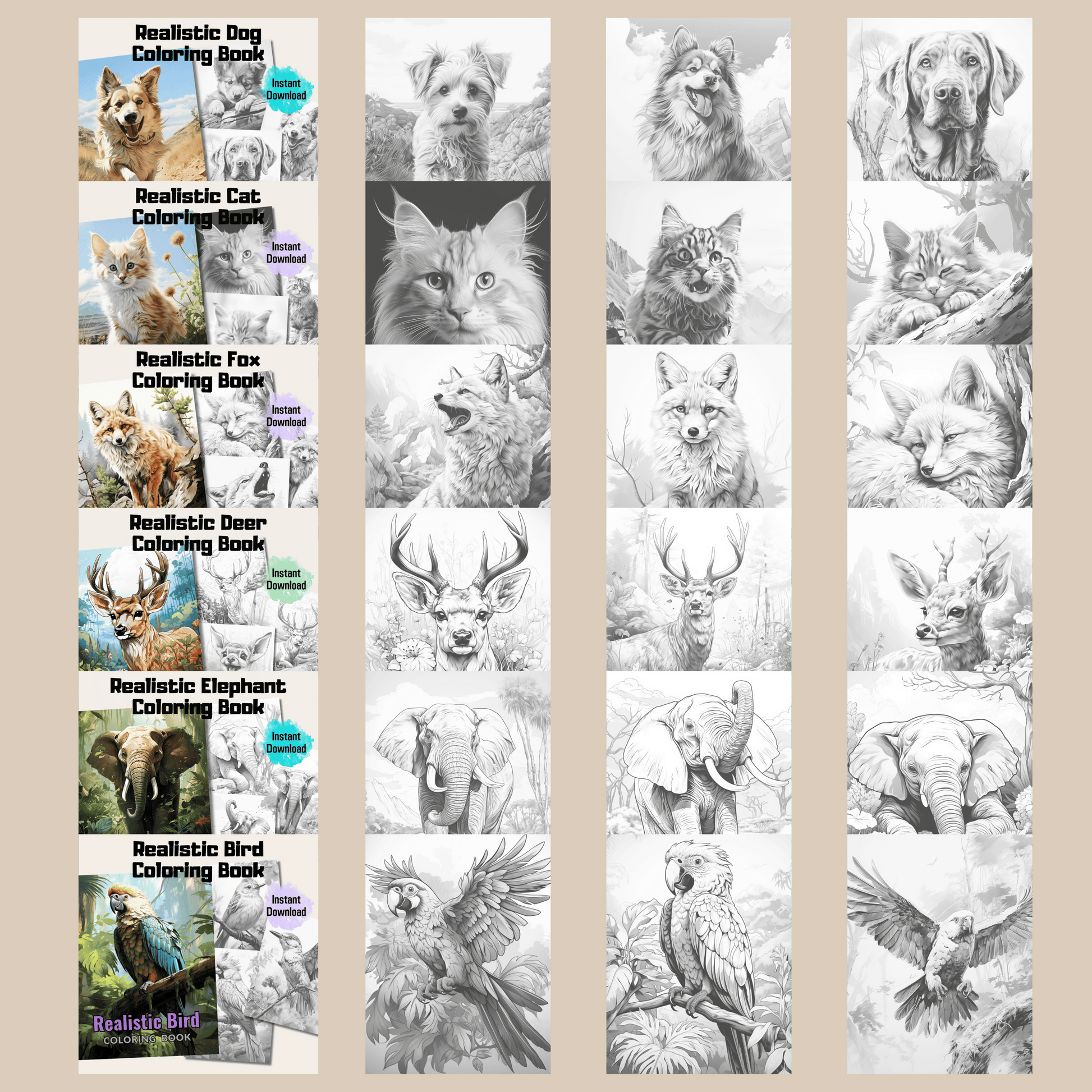 Realistic animals coloring book bundle