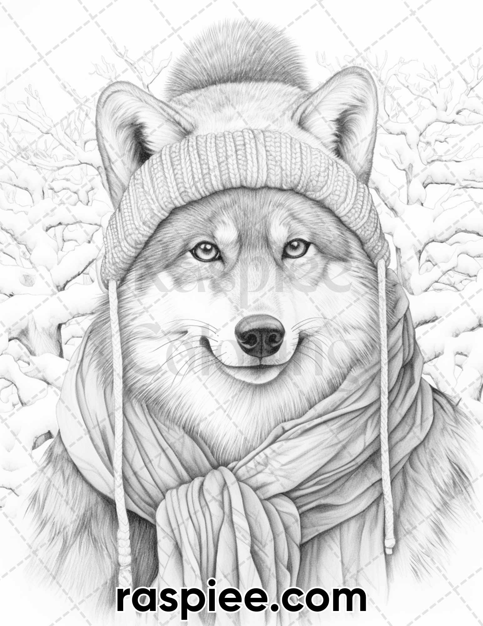 Winter wolf grayscale coloring pages for adults printable pdf inst â coloring