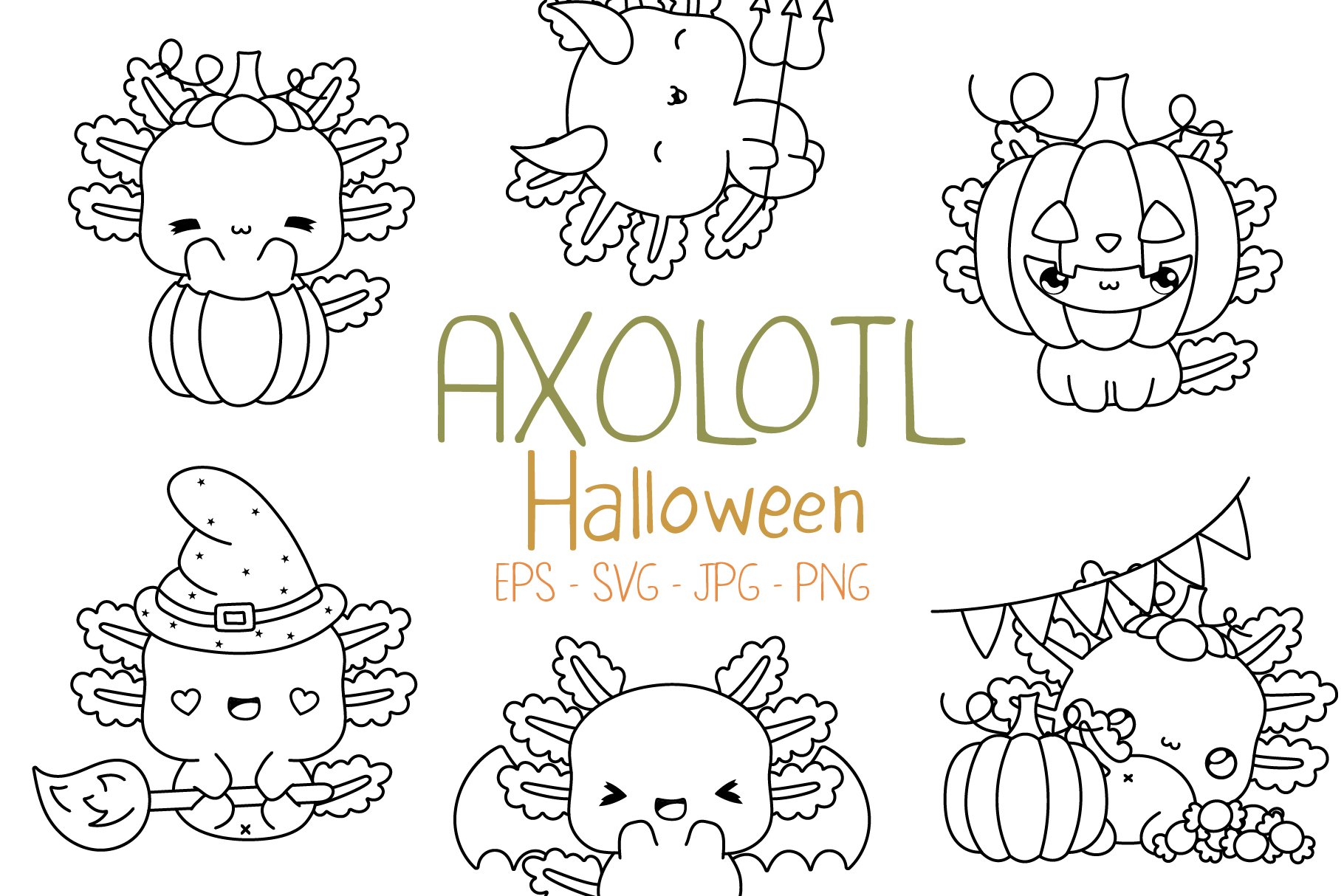 Set halloween axolotl coloring page animal illustrations creative market