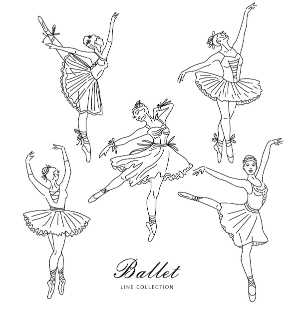 Premium vector women ballet dancer set of continuous line drawing in black color dancing girls and figures