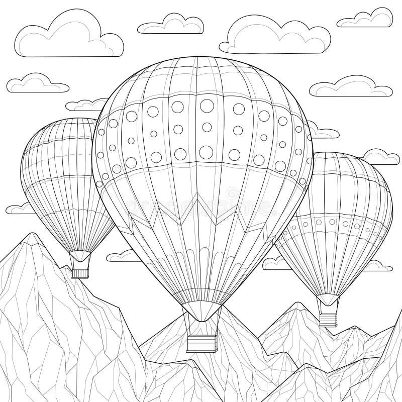 Balloons soar among the clouds and mountains stock vector