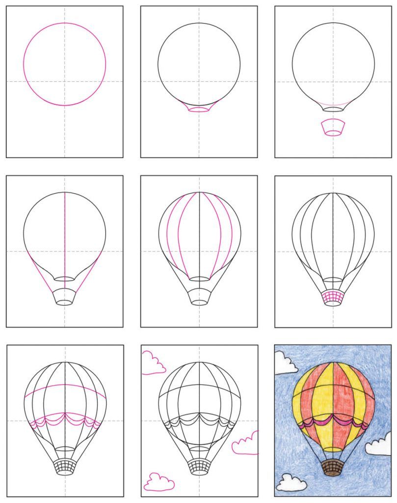Easy how to draw a hot air balloon tutorial and coloring page hot air balloon drawing hot air balloons art balloon illustration