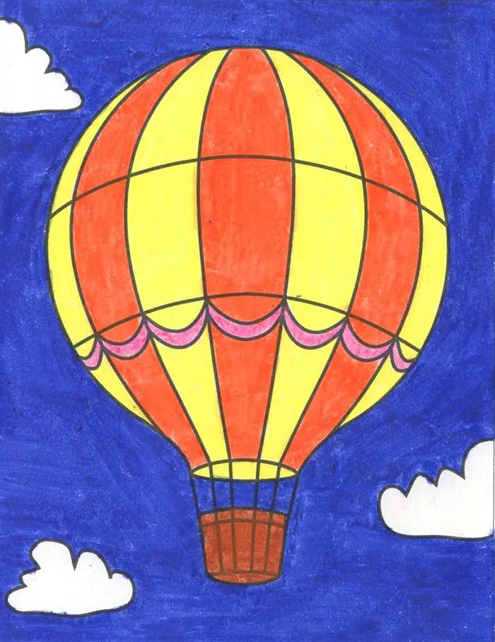 Easy how to draw a hot air balloon tutorial and coloring page