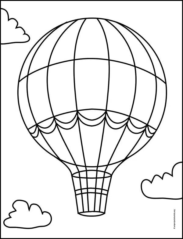Easy how to draw a hot air balloon tutorial and coloring page