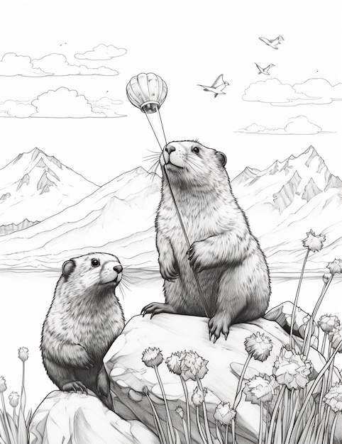 Premium ai image coloring pages groundhogs with a balloon and flowers generative ai