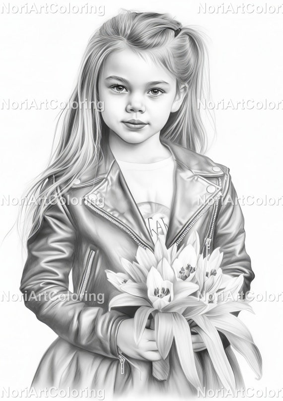 Grayscale girls with spring flowers and balloons coloring pages printable adult coloring pages download grayscale illustrationpdf