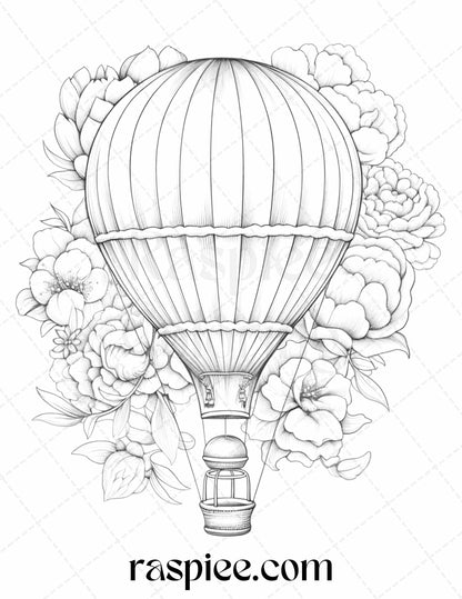 Flower hot air balloons grayscale coloring pages printable for adul â coloring