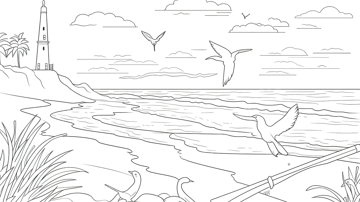 Beach coloring page with birds flying in the air background coloring pictures of the beach beach picture material background image and wallpaper for free download