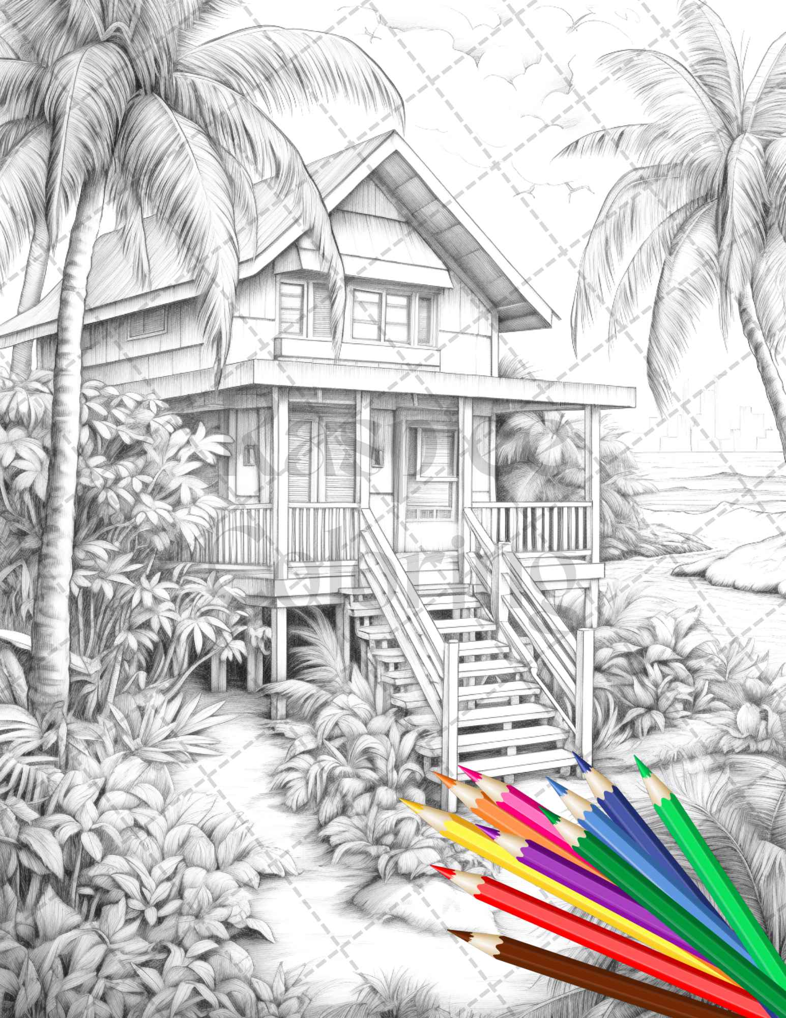 Beautiful tropical beach grayscale coloring pages printable for adults â coloring