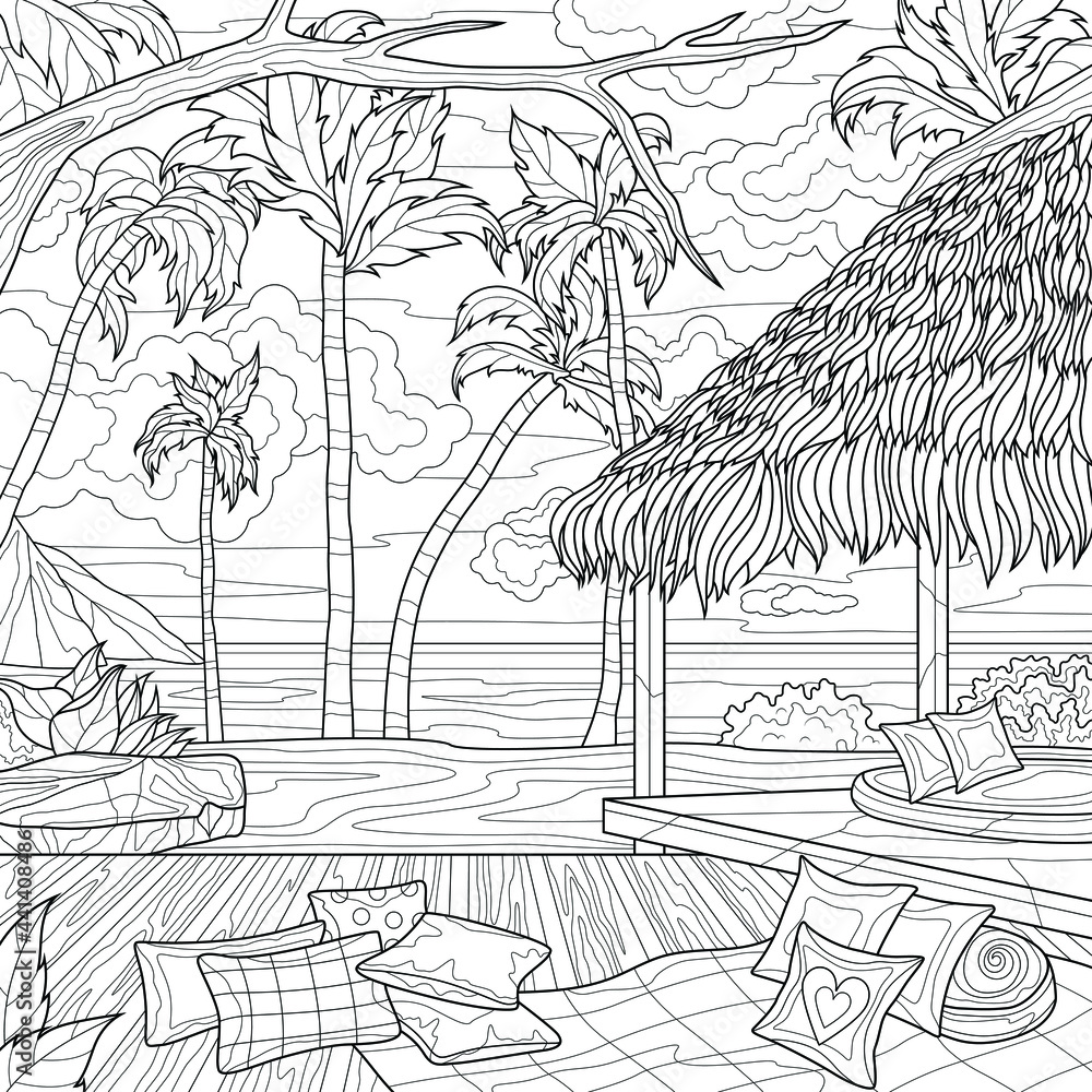Bungalow and beach scenery coloring book antistress for children and adults illustration isolated on white backgroundzen