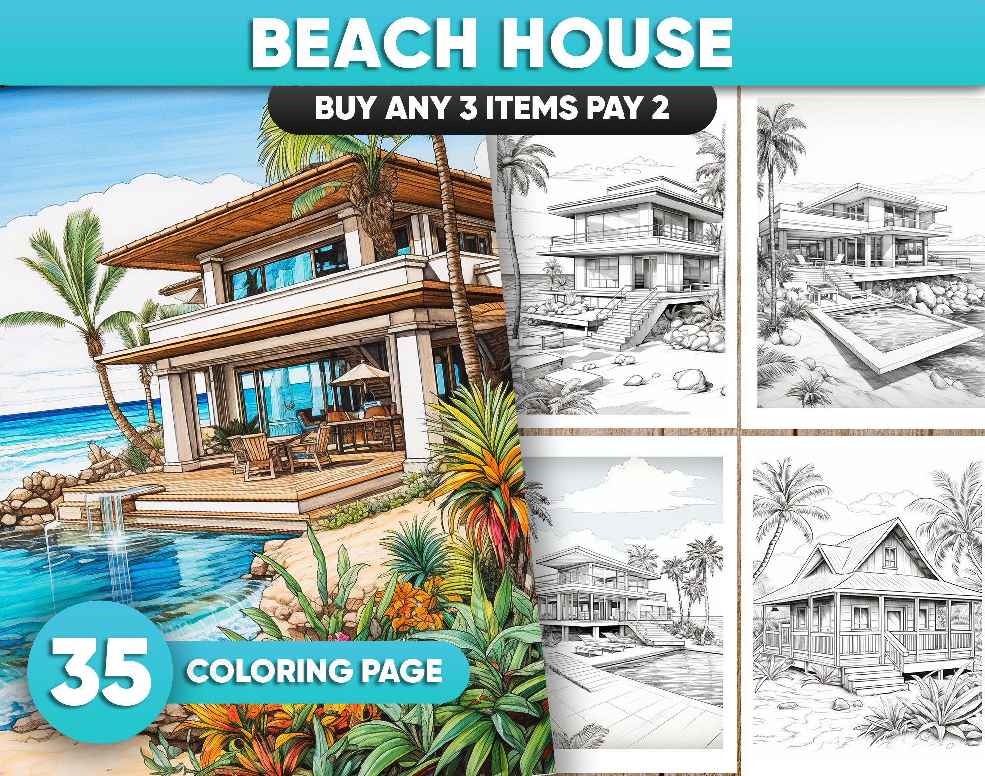 Beach house coloring pages printable pdf format summer holiday coloring sheets for stress relief instant download download now
