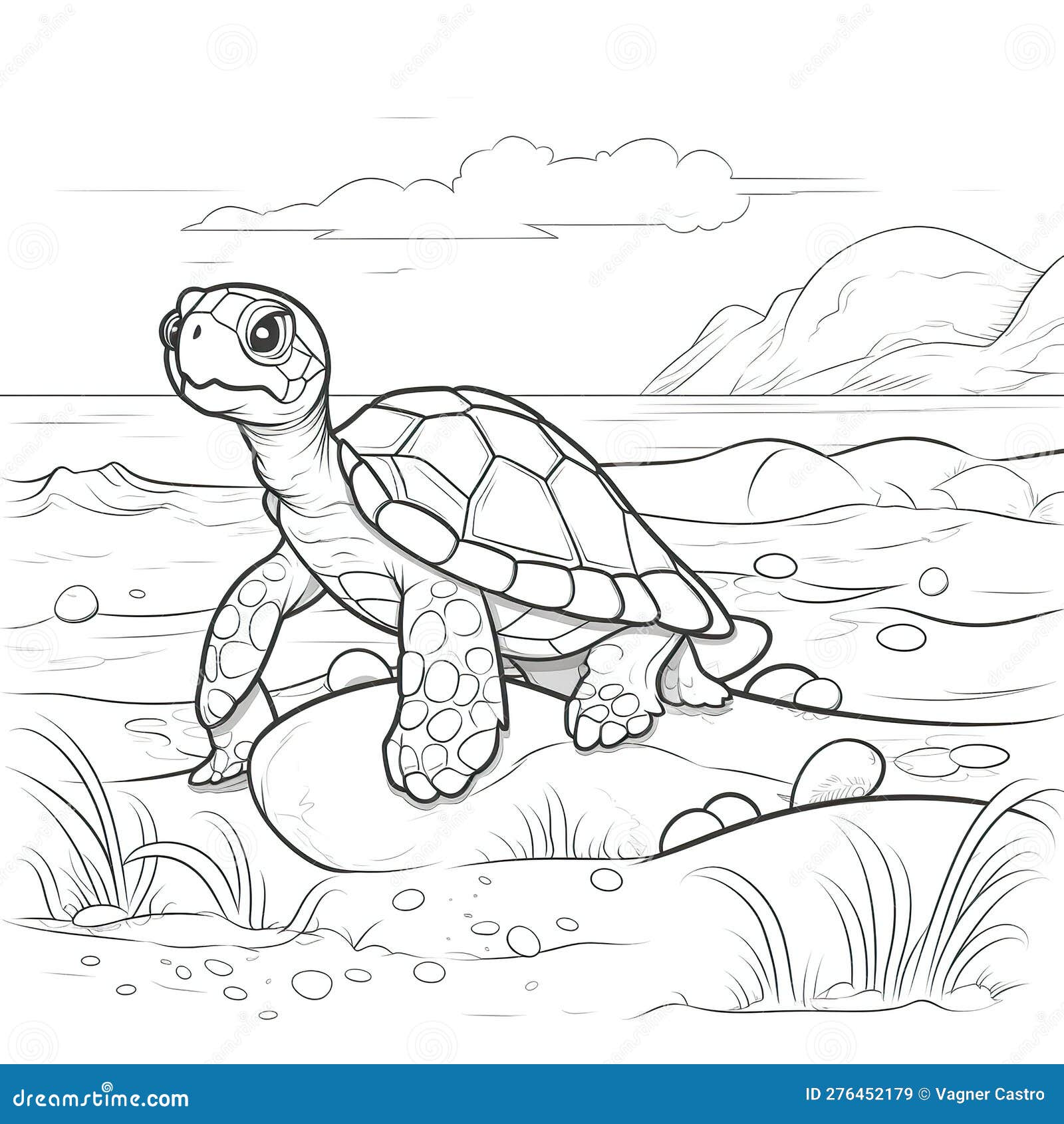 Kids coloring page of a turtle on the beach that is blank and downloadable for them to plete stock illustration
