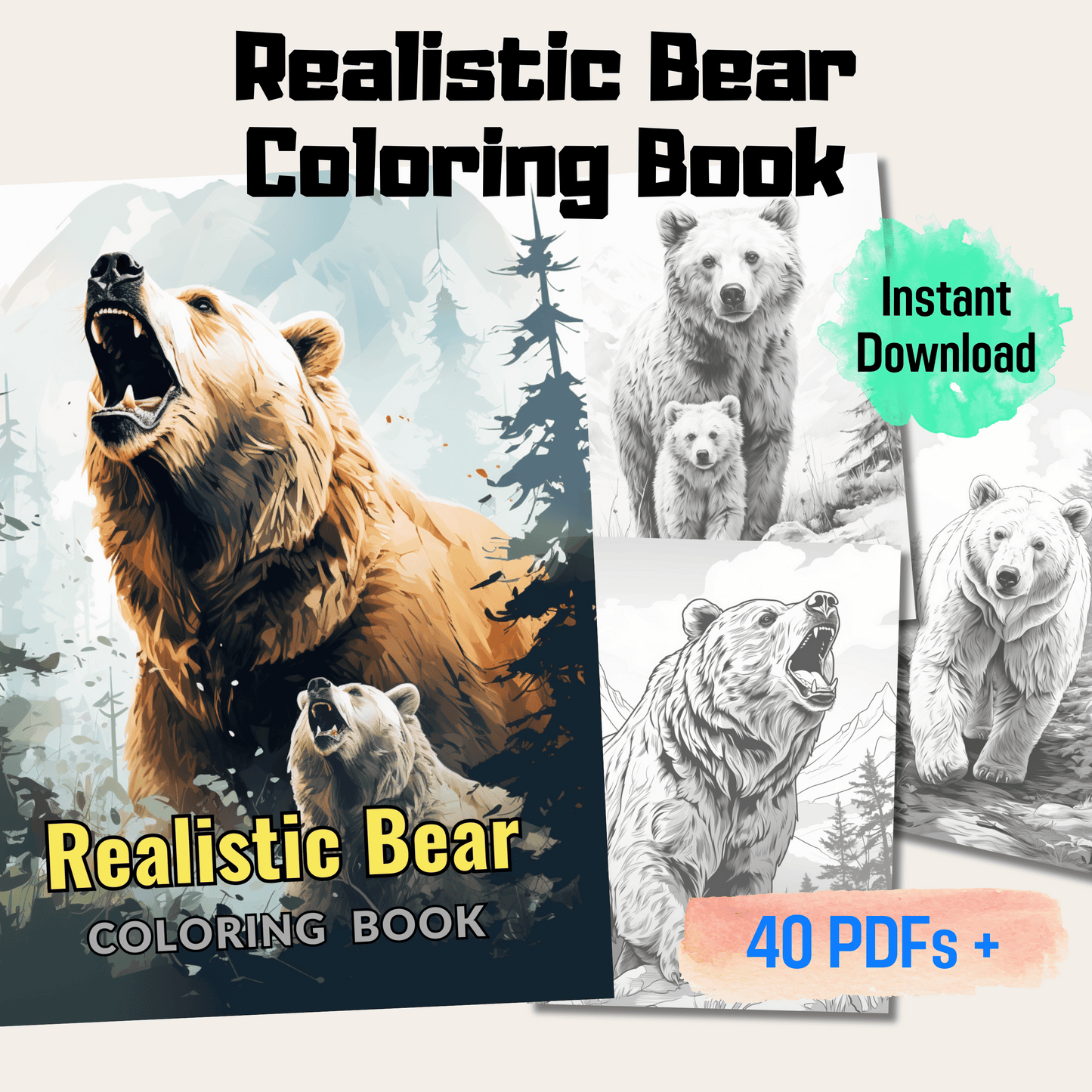 Pages realistic bear grayscale coloring book instant download pri â funny print for you