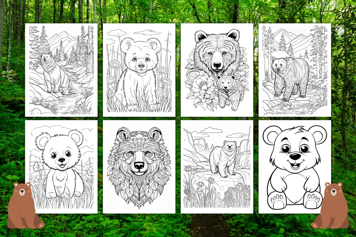 Free bear coloring pages for kids and adults